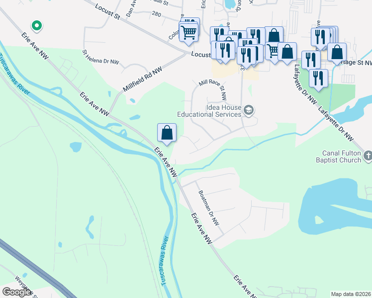 map of restaurants, bars, coffee shops, grocery stores, and more near 12067 Lockage Street Northwest in Canal Fulton