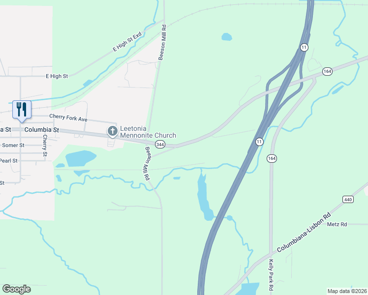 map of restaurants, bars, coffee shops, grocery stores, and more near 40585 Ohio 344 in Leetonia