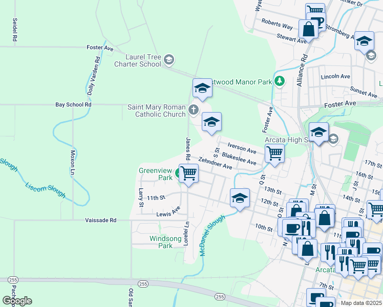 map of restaurants, bars, coffee shops, grocery stores, and more near 1992 Zehndner Avenue in Arcata