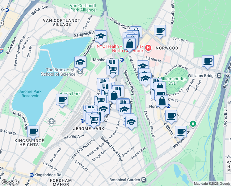 map of restaurants, bars, coffee shops, grocery stores, and more near 3184 Grand Concourse in The Bronx
