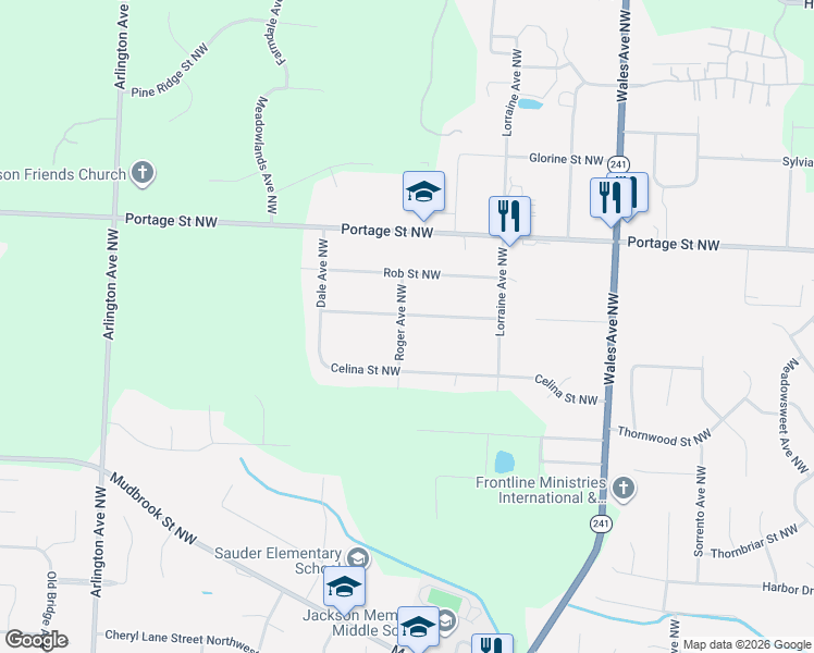map of restaurants, bars, coffee shops, grocery stores, and more near 7412 Klingston Street Northwest in Massillon