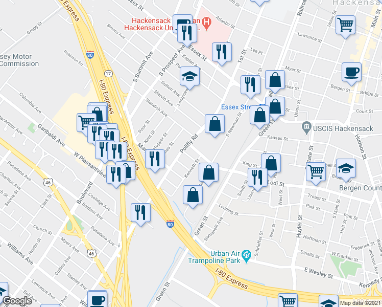 map of restaurants, bars, coffee shops, grocery stores, and more near 216 Charles Street in Hackensack