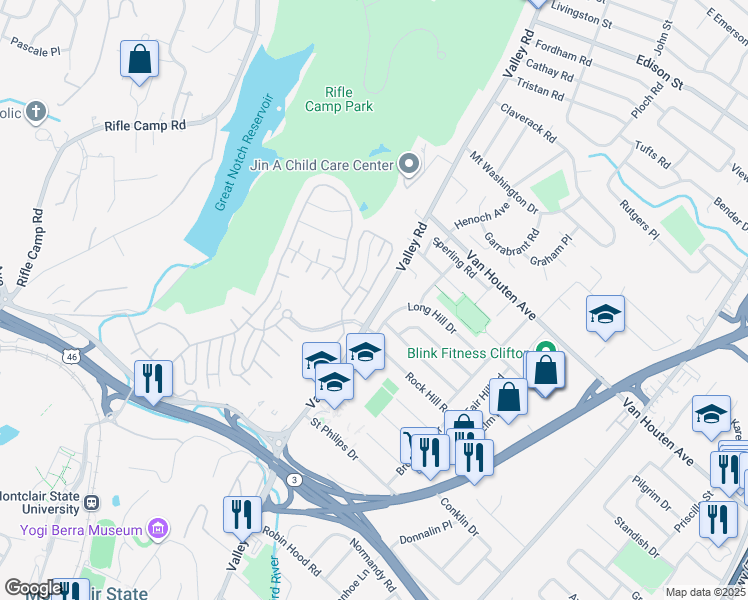 map of restaurants, bars, coffee shops, grocery stores, and more near 39 Brownstone Road in Clifton