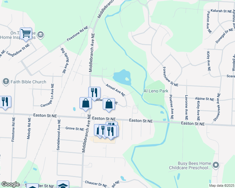 map of restaurants, bars, coffee shops, grocery stores, and more near 6717 Amsel Avenue Northeast in Canton