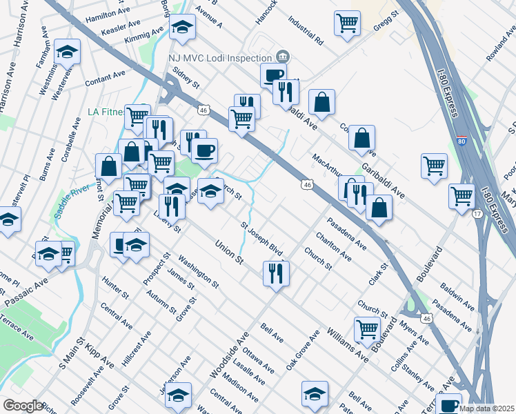 map of restaurants, bars, coffee shops, grocery stores, and more near 177 Church Street in Lodi