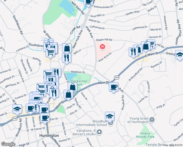 map of restaurants, bars, coffee shops, grocery stores, and more near 89 Sabbath Day Path in Huntington