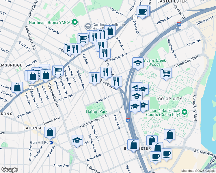 map of restaurants, bars, coffee shops, grocery stores, and more near 1476 East 222nd Street in Bronx