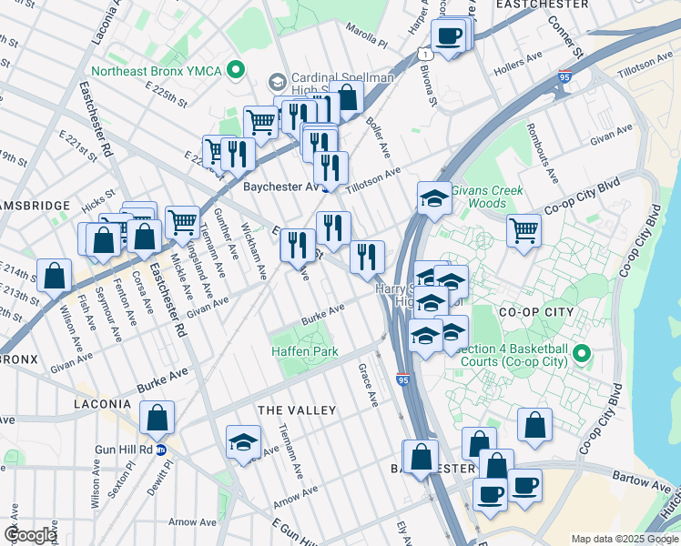 map of restaurants, bars, coffee shops, grocery stores, and more near 1476 East 222nd Street in The Bronx
