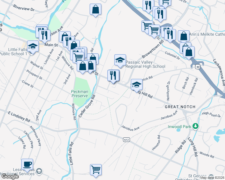 map of restaurants, bars, coffee shops, grocery stores, and more near 40 Hudson Street in Little Falls