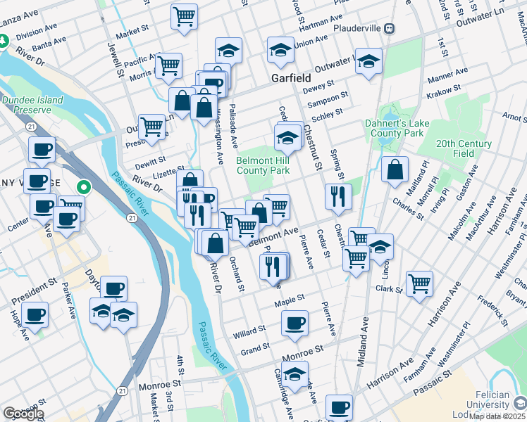 map of restaurants, bars, coffee shops, grocery stores, and more near 340 Palisade Avenue in Garfield