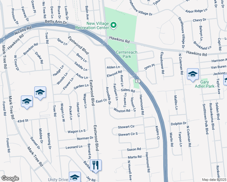 map of restaurants, bars, coffee shops, grocery stores, and more near 37 Fairlawn Lane in Centereach