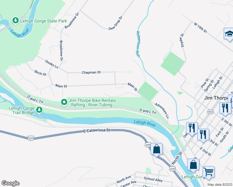 map of restaurants, bars, coffee shops, grocery stores, and more near 391 Main St in Jim Thorpe