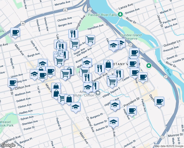 map of restaurants, bars, coffee shops, grocery stores, and more near 25 Van Cleve Avenue in Clifton