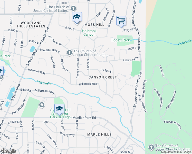 map of restaurants, bars, coffee shops, grocery stores, and more near 1364 Canyon Park Road in Bountiful