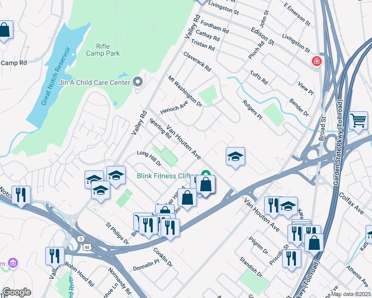 map of restaurants, bars, coffee shops, grocery stores, and more near 8 Kozy Lane in Clifton