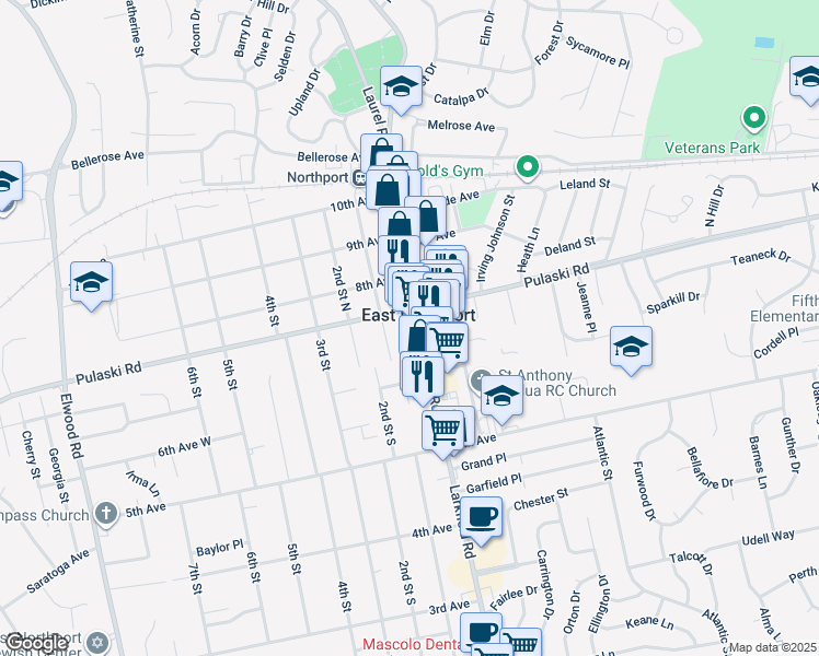 map of restaurants, bars, coffee shops, grocery stores, and more near in East Northport