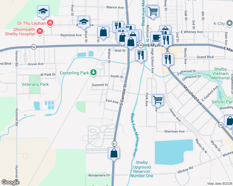 map of restaurants, bars, coffee shops, grocery stores, and more near 18 West Tucker Avenue in Shelby