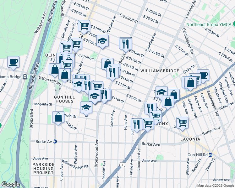 map of restaurants, bars, coffee shops, grocery stores, and more near 934 East 212th Street in Bronx