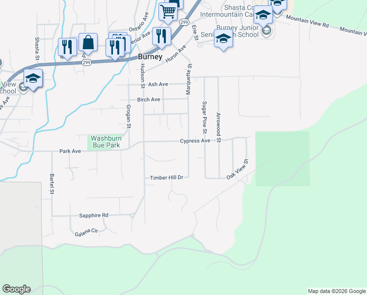 map of restaurants, bars, coffee shops, grocery stores, and more near 20196 Marquette St in Burney