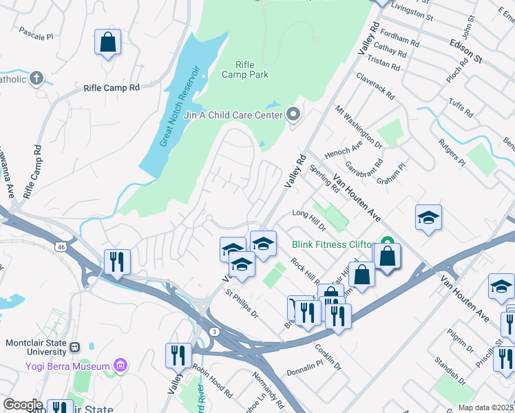 map of restaurants, bars, coffee shops, grocery stores, and more near 39 Brownstone Road in Clifton