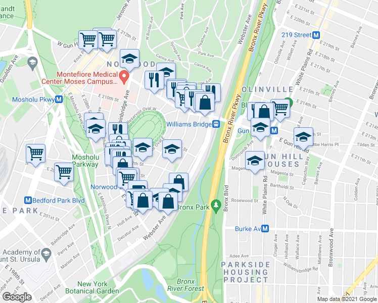 map of restaurants, bars, coffee shops, grocery stores, and more near 3300 Decatur Avenue in Bronx