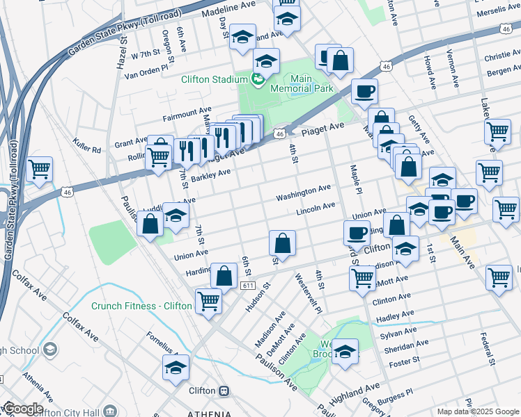 map of restaurants, bars, coffee shops, grocery stores, and more near 255 Washington Avenue in Clifton