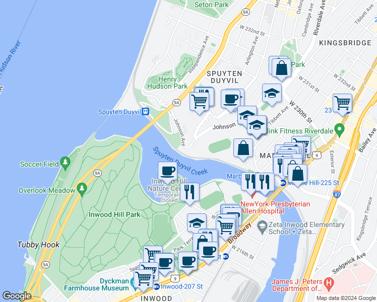 map of restaurants, bars, coffee shops, grocery stores, and more near in The Bronx