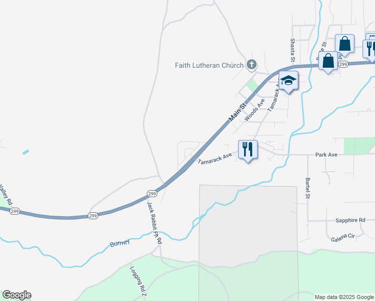 map of restaurants, bars, coffee shops, grocery stores, and more near 36766 State Highway 299 E in Burney