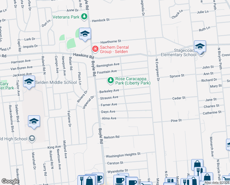 map of restaurants, bars, coffee shops, grocery stores, and more near 110 Berkeley Avenue in Selden