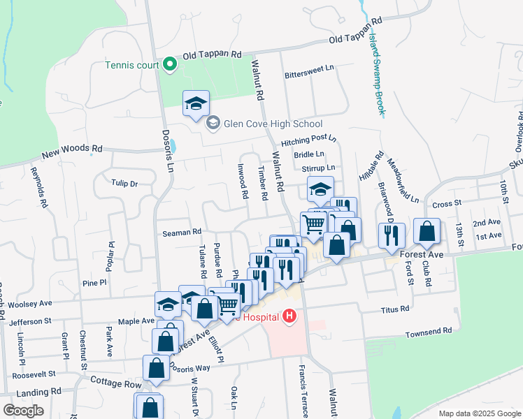 map of restaurants, bars, coffee shops, grocery stores, and more near 4 Inwood Road in Glen Cove