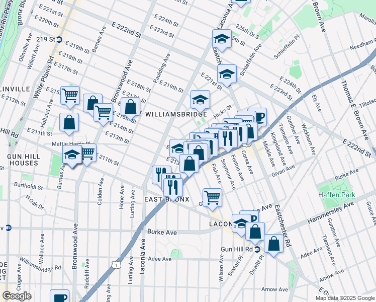 map of restaurants, bars, coffee shops, grocery stores, and more near 1147 East 214th Street in Bronx