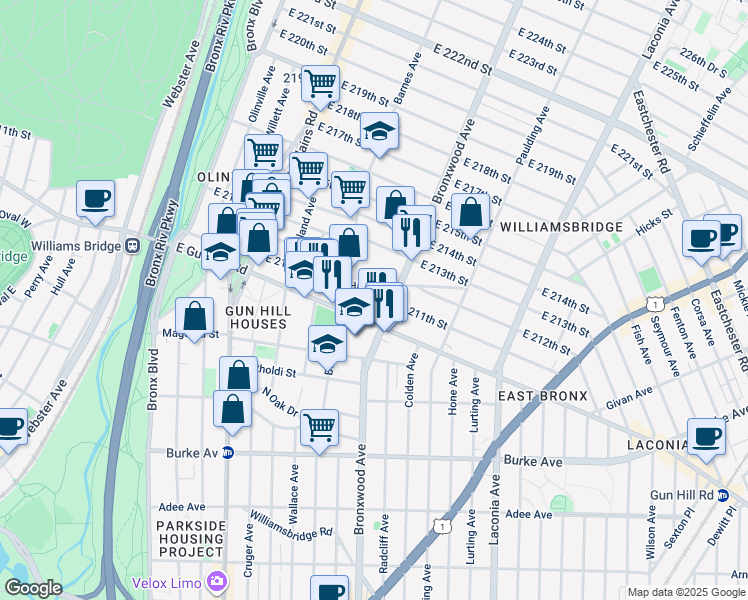 map of restaurants, bars, coffee shops, grocery stores, and more near 814 Tilden Street in Bronx