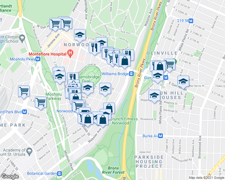 map of restaurants, bars, coffee shops, grocery stores, and more near in The Bronx