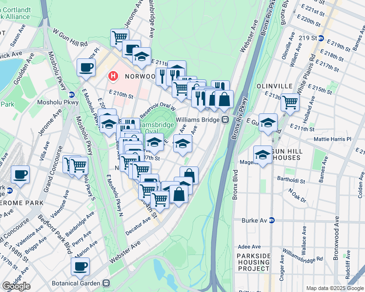 map of restaurants, bars, coffee shops, grocery stores, and more near in The Bronx