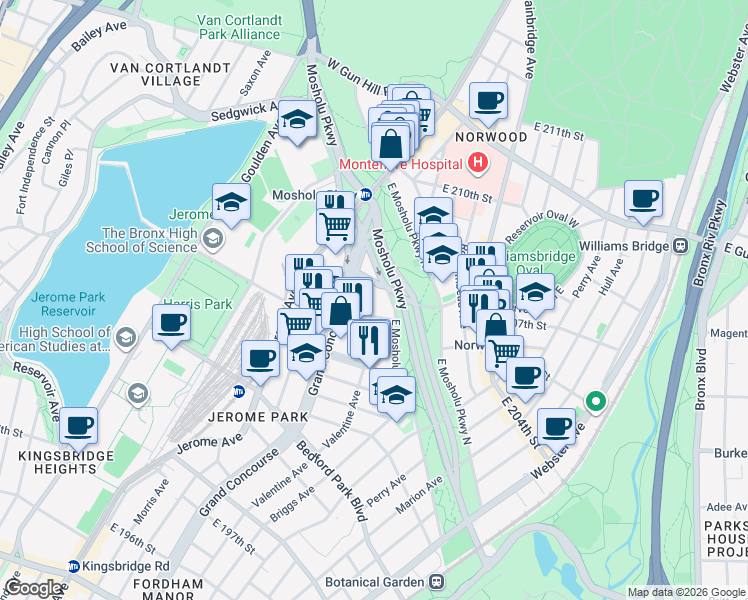 map of restaurants, bars, coffee shops, grocery stores, and more near 100 East Mosholu Parkway South in Bronx