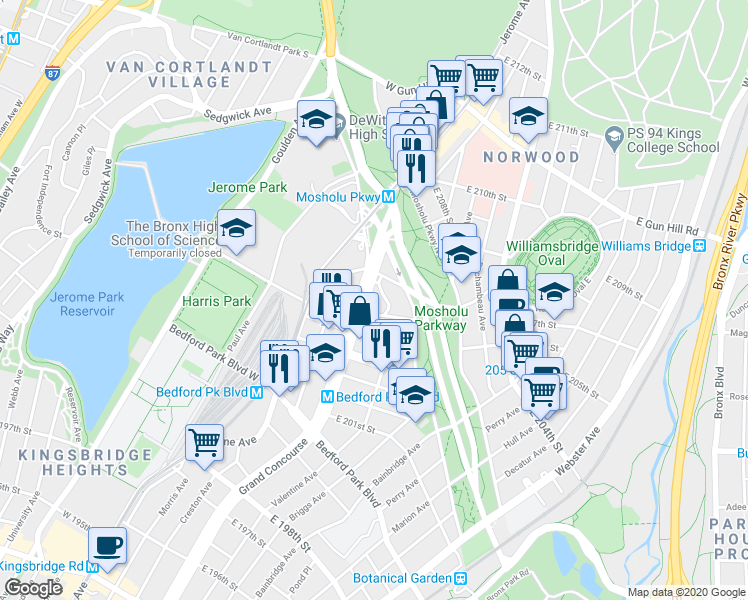 map of restaurants, bars, coffee shops, grocery stores, and more near 3184 Grand Concourse in Bronx