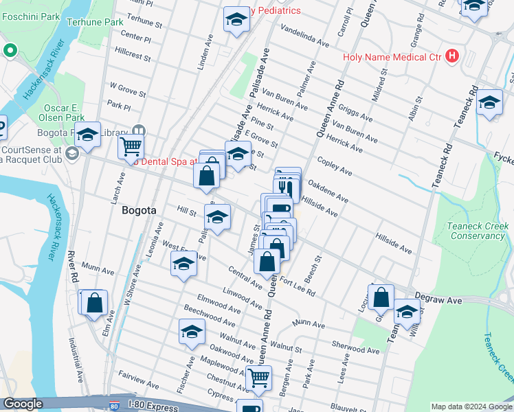 map of restaurants, bars, coffee shops, grocery stores, and more near 284 Farrant Terrace in Teaneck