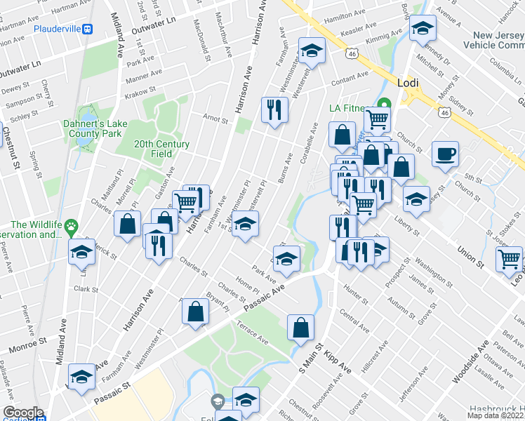 map of restaurants, bars, coffee shops, grocery stores, and more near 192 Westervelt Place in Lodi