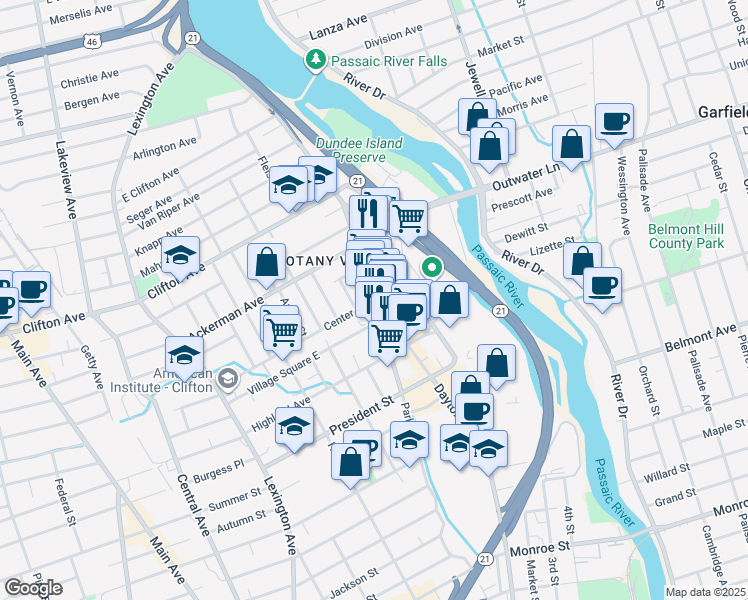 map of restaurants, bars, coffee shops, grocery stores, and more near 255 Parker Avenue in Clifton