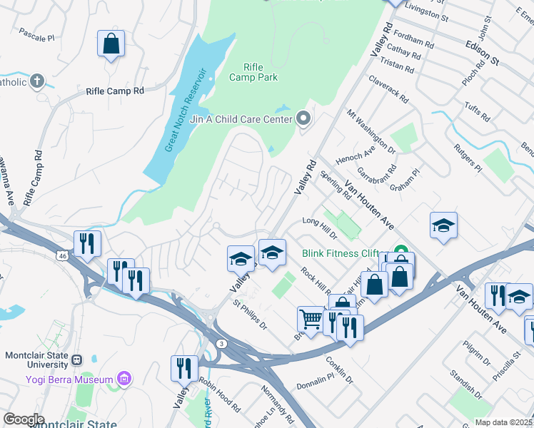 map of restaurants, bars, coffee shops, grocery stores, and more near 39 Brownstone Road in Clifton