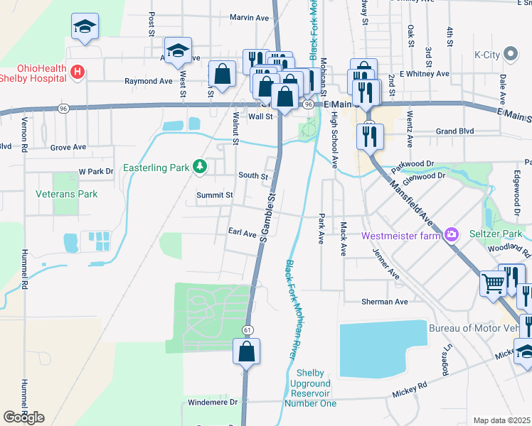 map of restaurants, bars, coffee shops, grocery stores, and more near 71 South Gamble Street in Shelby