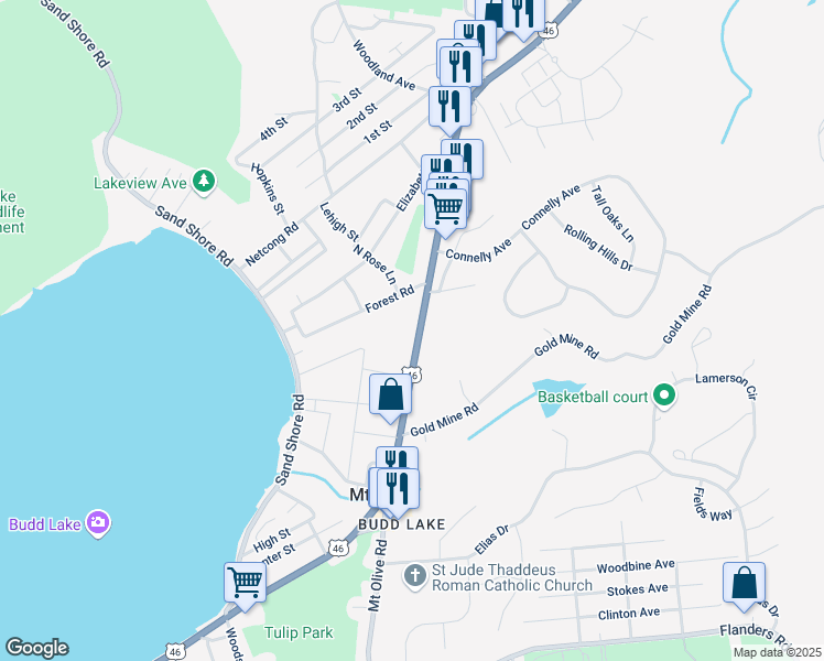 map of restaurants, bars, coffee shops, grocery stores, and more near 168 U.S. 46 in Mount Olive
