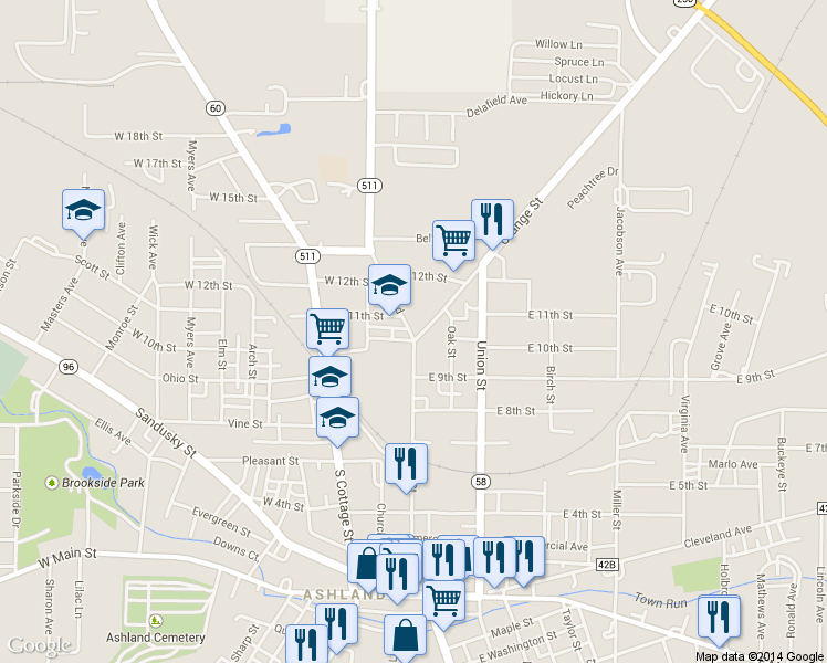 map of restaurants, bars, coffee shops, grocery stores, and more near 1007 Troy Road in Ashland