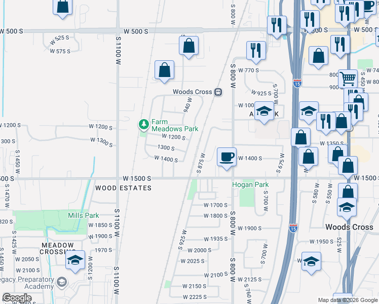 map of restaurants, bars, coffee shops, grocery stores, and more near 1297 South 925 West in Woods Cross
