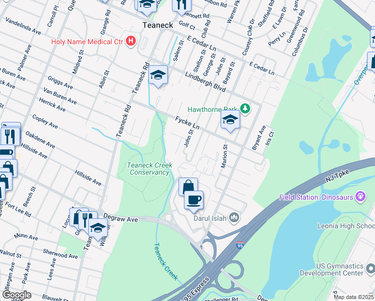 map of restaurants, bars, coffee shops, grocery stores, and more near 547 John St in Teaneck