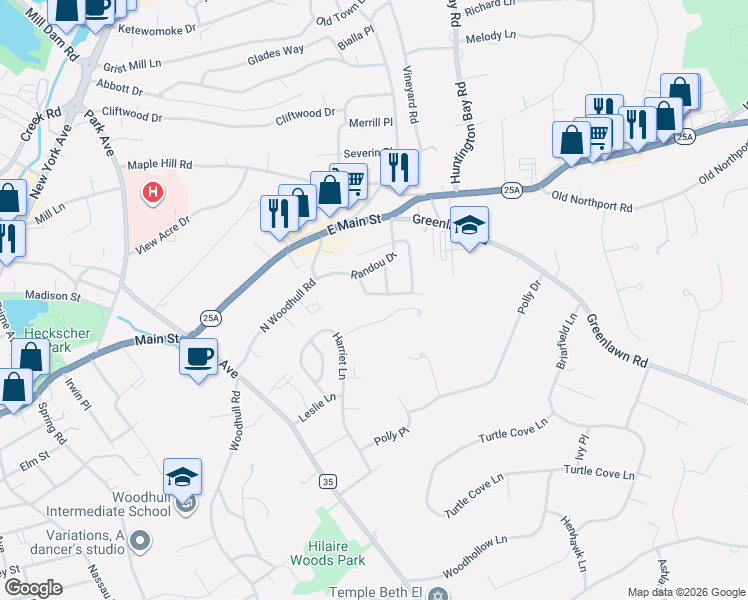 map of restaurants, bars, coffee shops, grocery stores, and more near 49 Aberdeen Drive in Huntington