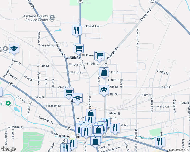 map of restaurants, bars, coffee shops, grocery stores, and more near 1013 Oak Street in Ashland