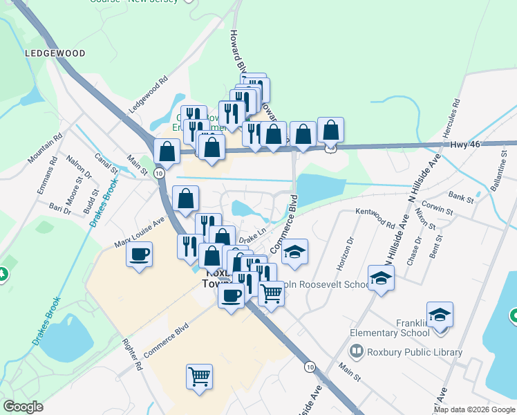map of restaurants, bars, coffee shops, grocery stores, and more near 168 Drake Lane in Roxbury Township