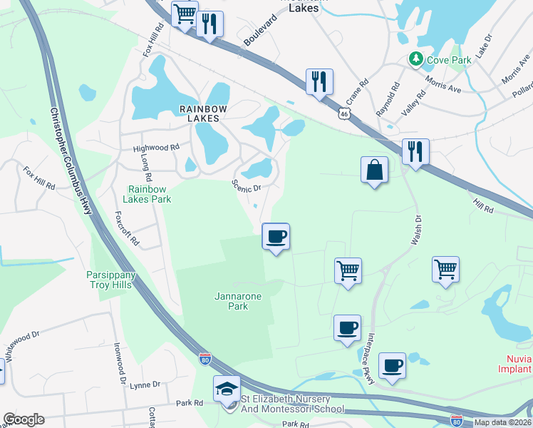 map of restaurants, bars, coffee shops, grocery stores, and more near 18 Clairview Road in Denville