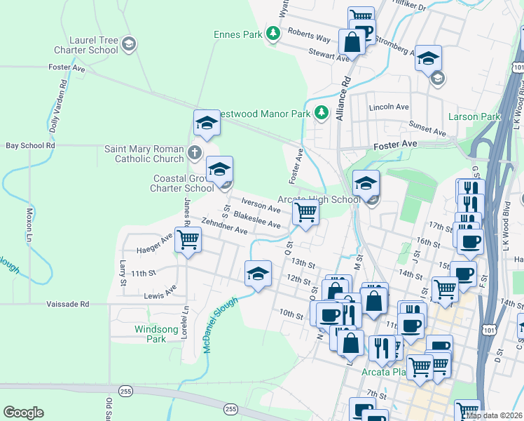 map of restaurants, bars, coffee shops, grocery stores, and more near 1566 R Street in Arcata